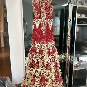 Chic Red and Gold Lace Dress